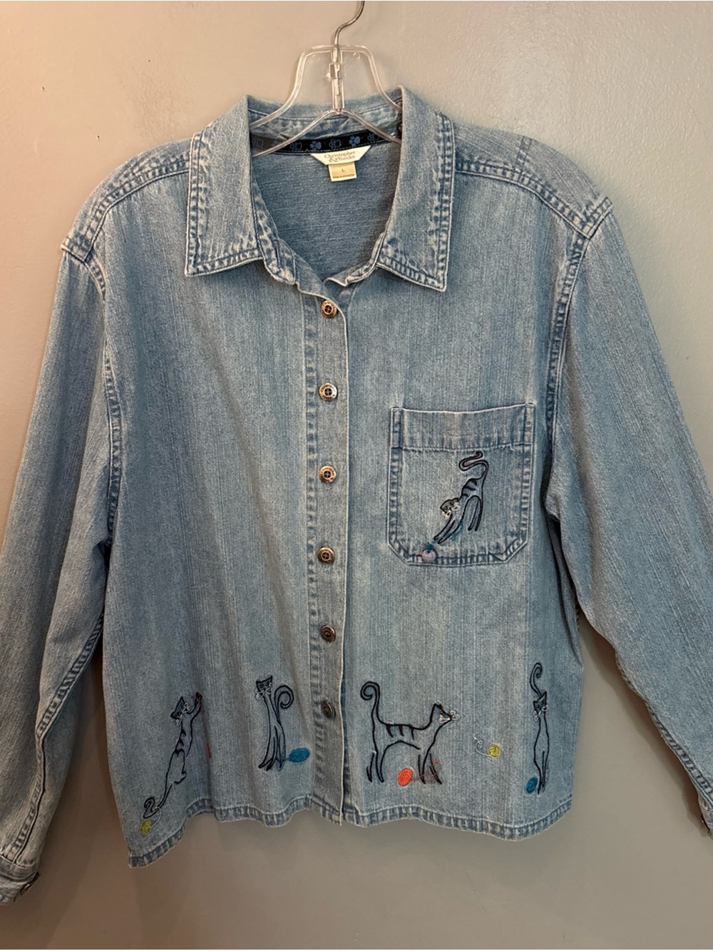 Vintage Christopher Banks  Cats Yarn Denim Shirt Embroidered Size L Grandmacore